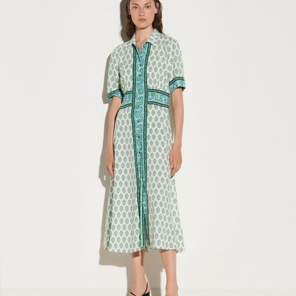 Sandro Niam Midi Dress Green Printed Linen Blend EU 42 Short Sleeve Button Front - Picture 1 of 7